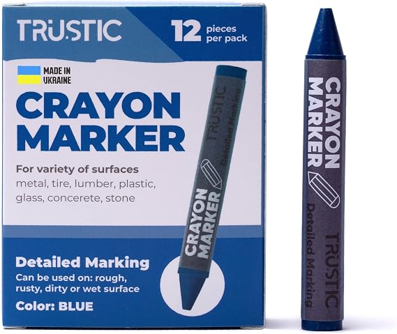 Universal Crayon Wax Marker for Industrial and Craft Detailed Marking on Lumber Metal Carton Ceramics Concrete Glass Plastic Tire 4 x 1/2", Pack of 12 (Blue)