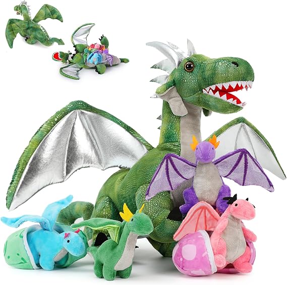 MorisMos 7PCS Dragon Stuffed Animal Set with 4 Babies and 2 Eggs, 21inch