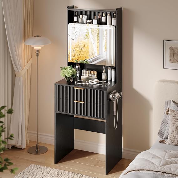 Small Vanity Desk with Mirror and Lights,3 in 1 Makeup Vanity Desk with Adjustable Lighted Mirror & Storage,Black Compact Make Up Dresser with for Bedroom(No Stool)
