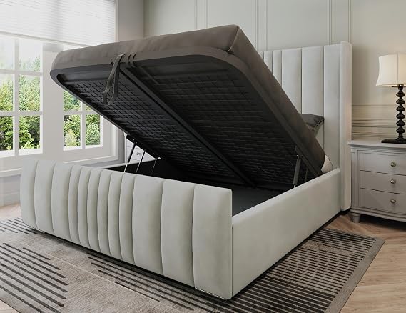 Manhattan King Size Bed Frame with Storage, Modern Velvet Ottoman King Size Beds with storage, Luxury Panelled Frame with Metal Mesh Base & 48" Headboard, Storage Bed in Silver Plush