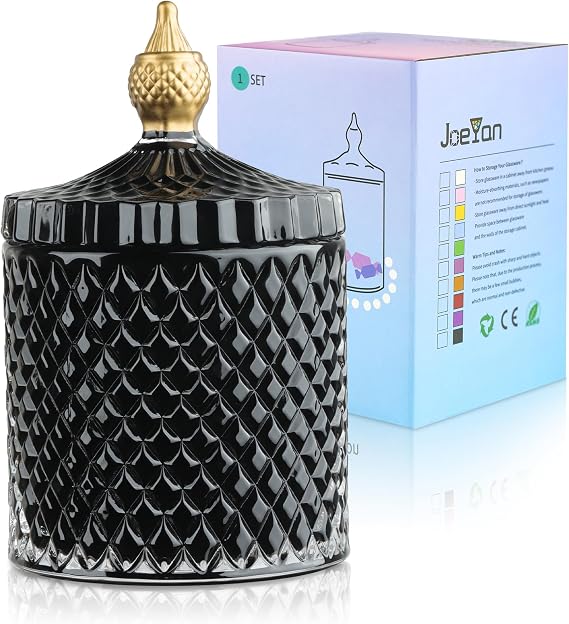 Joeyan 18oz Black Glass Jars with Lid,Embossed Candy Dishes,Diamond Faceted Glass Food Container,Decorative Jewelry Box Canisters,Colored Kitchen Bathroom Storage Organizer,Gifts for Wedding Buffet