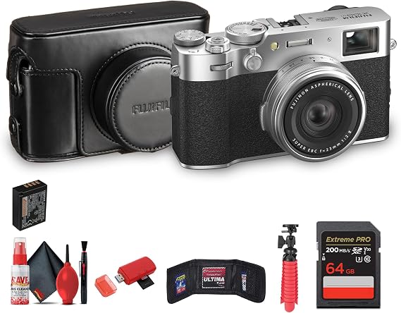 FUJIFILM X100VI Digital Camera (Silver) Bundle with LC-X100VI Leather Case + USB Card Reader + Memory Card Wallet + Flex Tripod + 64GB Memory Card + Cleaning kit