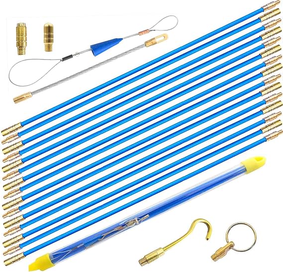 50' Fiberglass Cable Wire Running Rod Coaxial Electrical Connectable Fish Tape Pull Kit With Hook And Hole Kit In Transparent Tube, Blue