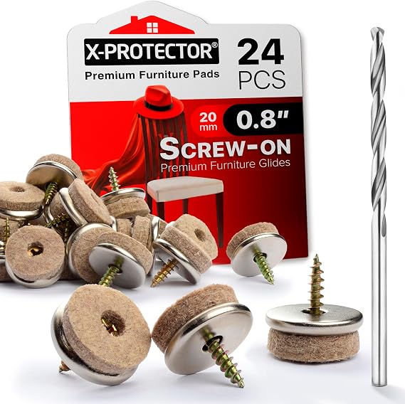 Screw-On Felt Pads X-Protector 24 Felt Chair Pads for Hardwood Floors 0.8" | Premium Chair Glides Beige Floor Protectors for Furniture Legs The Best Furniture Sliders for Hardwood Floors