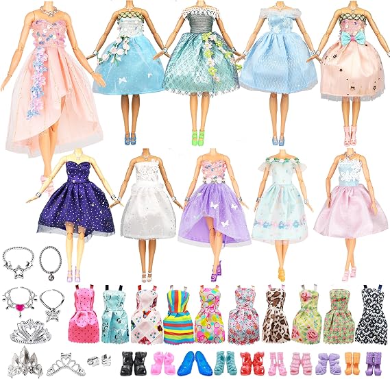 Oyuncak Bebek Giysileri ve Aksesuarları, 39 Adet, En Yeni Benzersiz ve Moda Orman Peri Elbisesi, Bebekler için, 10 Peri Elbisesi, 10 Mini Elbise ve 9 Aksesuar, 10 Ayakkabı