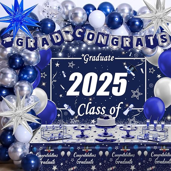 Graduation Decorations Class of 2025, 82PCS Navy Blue Graduation Party Decorations, 2025 Grad Decor with Graduate Class of 2025 Backdrop Banner Star Balloons Tablecloth for College High School Nurse