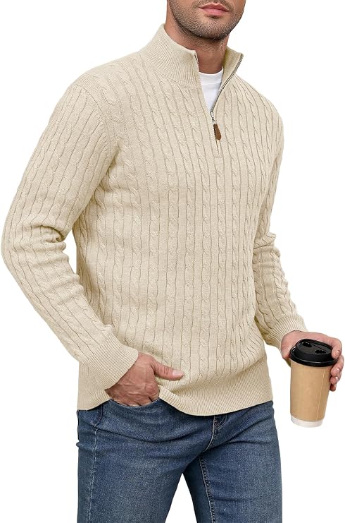 Auxo Mens Quarter Zip Pullover Cable Knit Stand Collar Texture Polo Sweater