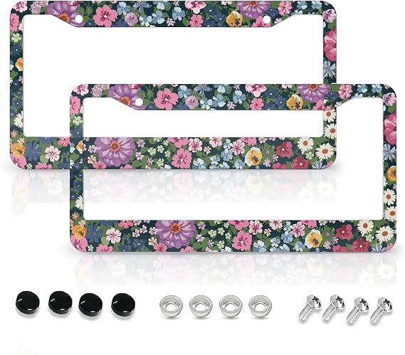Flowers License Plate Frames,Car Accessories License Plate Cover Holders Aluminum Metal 2 Pcs Set 2 Holes with Screw Caps for US Standard Vehicles for Women Men-6.3" X 12.2" (Flowers)