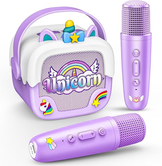 Mini Karaoke Microphones for Kids Girls: Unicorn Portable Bluetooth Speakers with 2 Wireless Mic Toys for Girls Age 4-6 7 8 9 Years Old Girl Birthday Gifts for 5 6 7 8 9 10 11 Years Teens Purple