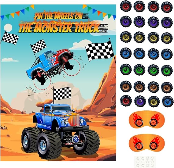 PLULON Pin The Wheels on The Truck Party Game for Kids, Birthday Pin The Tail Games Big Poster with Tyres Stickers for Car Theme Party Favors Decorations Boys Birthday Party Supplies