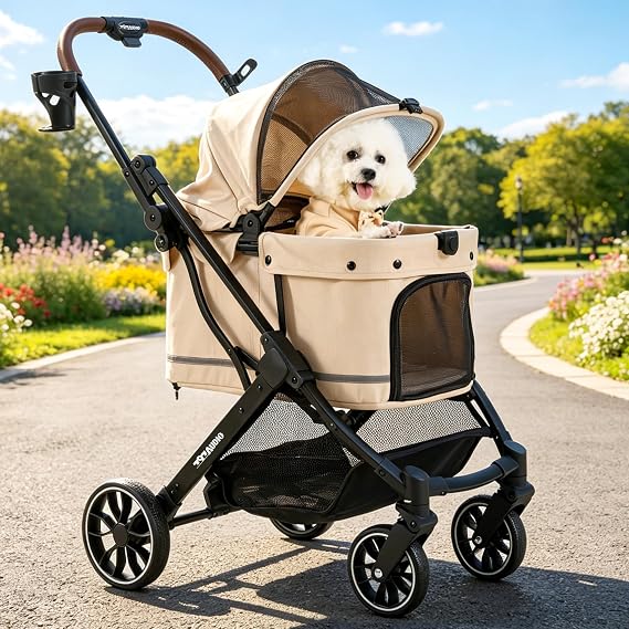 797Audio Dog Stroller for Small Medium Dogs,Pet Stroller for Cats Puppy Up to 121lbs,Foldable,One Click Folding,4 Wheel Shock Absorption,Adjustable Canopy with Sun Shades,Removable Washable Pad(Cream)