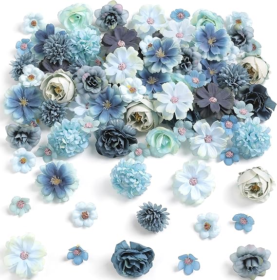 rongflower Faux Flower Heads Mini Blue Artificial Flower Heads Fake Peony Daisy Rose Flowers Multicolor Small Silk Daisy Flower Heads for Craft Garland Wedding Party DIY Home Decoration,2-4 cm