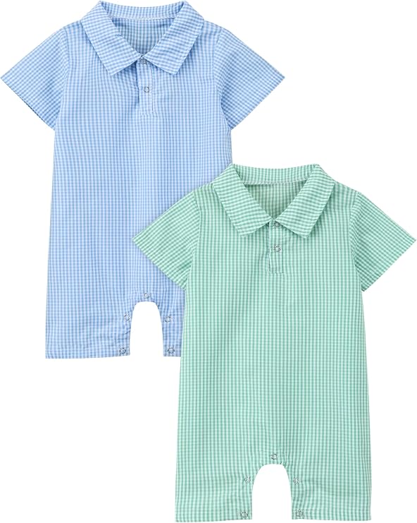2 Pack Newborn Baby Boys' Short Sleeve Romper Soft Cotton Plaid Onesie Snap Closure Polo Summer Outfit 0-24 Months