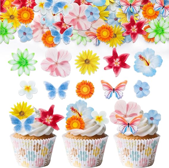 60 Pcs Edible Flower Cupcake Toppers | Edible Wafer Paper Cupcake Cake Dessert Toppers for Wedding, Baby Shower, Birthday Party Decorations