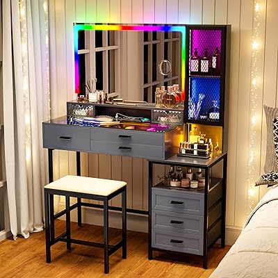 Lvifur RGB Makeup Vanity Desk with Wireless Charging Station,7 Dynamic & 24 Static Dimmable Vanity Table Set with Glass Top,Human Sensor LED Vanities with Mirror and Lights,6 Drawers,Stool