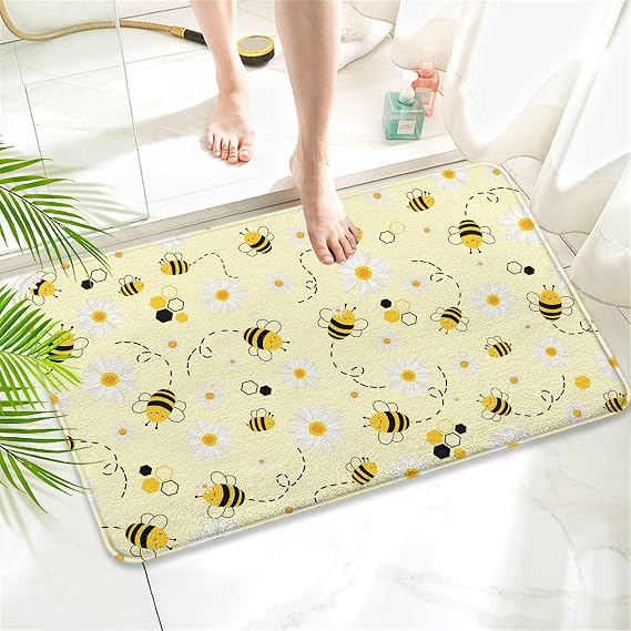 Bee Imitation Cashmere Bathroom Mat Rug - Rubber Non-Slip Quick Dry Super Absorbent Bee Bath Mats for Bathtub Shower Room Sinks (17" W x 27" L)