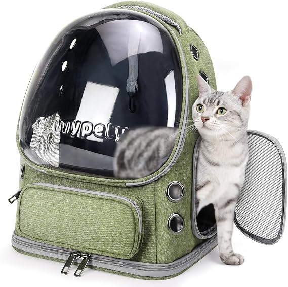 Cawypety Expandable Cat Backpack,Cat Bubble Backpack Carrier for Carrying Cats, Pets and Small Dogs,Airline-Approved,Designed for Travel, Hiking, Walking,Car (Green.)