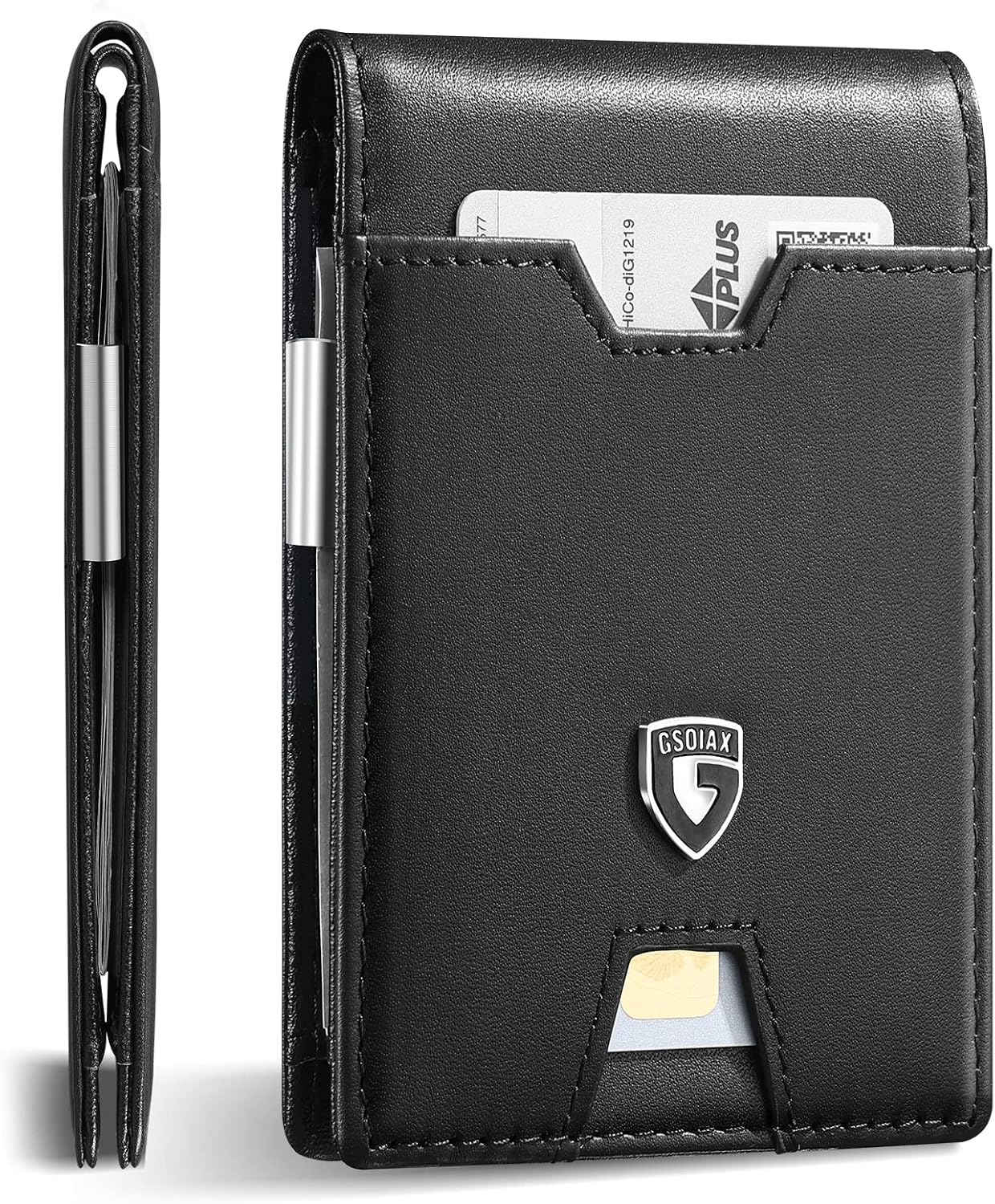 GSOIAX Men's Slim RFID Blocking Leather Wallet with Money Clip Minimalist Carbon Fiber Bifold Credit Card Holder 11 Card Slots Gift Box Included(Leather Brown), A-Leather Blcak, Slim