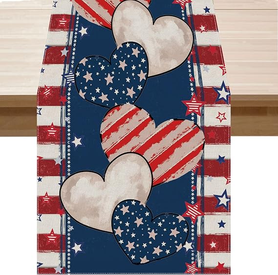 4th of July Table Runner Stripe Stars Heart Memorial Day Independence Day Patriotic America Table Decoration Home Kitchen Dining Indoor Holiday Farmhouse Decor 13x72 Inch