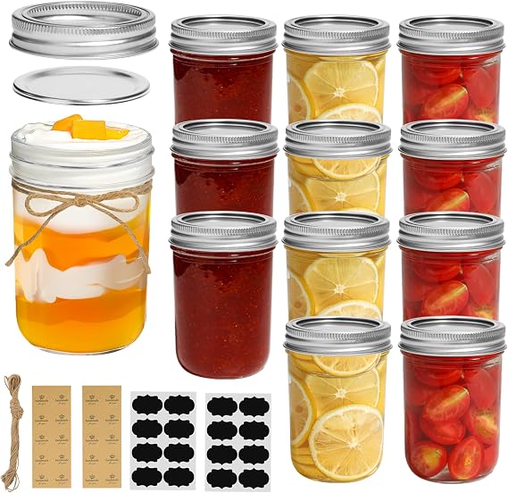 ComSaf 8 oz Mason Jars Bulk Set, 12 Pack Small Regular Mouth Jars with Lids