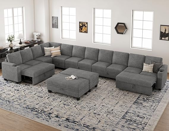 Belffin Oversized L Shaped Modular Sectional Sleeper Sofa with Pull Out Bed Convertible Large Sectional Corner Couch for Living Room. Light Grey Couch