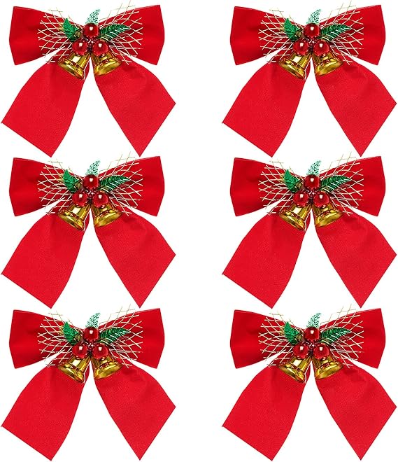 6 Pieces Red Christmas Bows with Bells Wreath Bows Christmas Tree Decoration Ornaments Bowknot for Wedding Holiday Decor, 5.1 x 4.7 inch