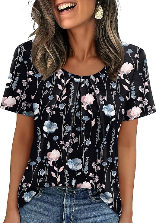 WIHOLL Women T Shirts Pleated Short Sleeve Tops Business Casual Dressy Blouses