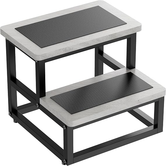 SZLHANJZ Step Stool, Wood & Metal Step Stools for Adults Kids, 500 LB Load | Heavy Duty Step Stool for Kids Adults, Non-Slip 2 Steps Foot Stool for High Beds and Kitchen, Round Corner, Cement Gray