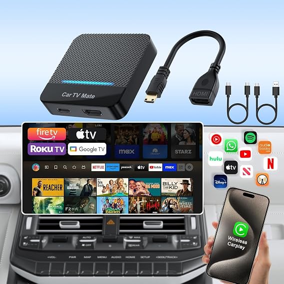 Car TV Mate 2025 Built-in Wireless CarPlay Adapter, Fire TV Stick Converter for Car Plug & Play, Stable Fast, No Latency, HDMl Multimedia Adapter with Factory Wired CarPlay and Most Streaming (Black)