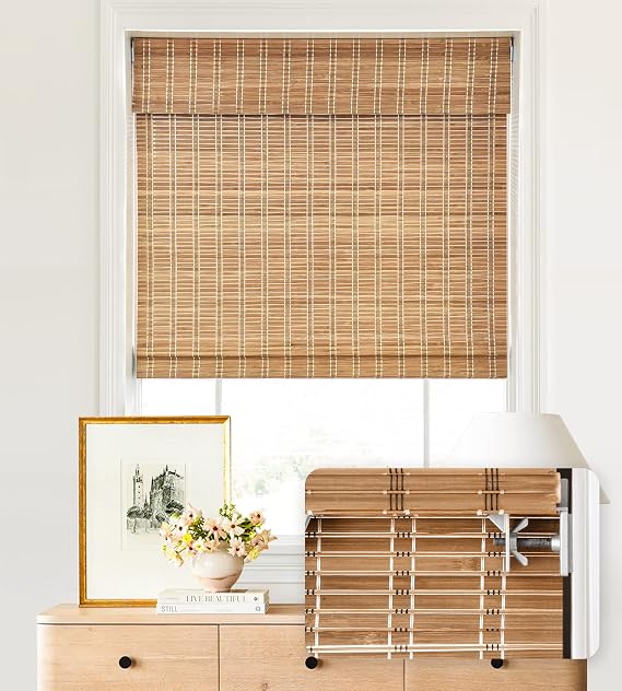 LazBlinds No Drill Bamboo Roman Shades, 33"x36", Brown | No Tools Cordless Shades, Light Filtering Window Treatment, Roll Up Bamboo Blinds for Windows