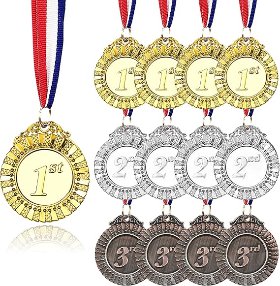 12 Pieces Metal Winner Gold Silver Bronze Award Medals with Red White Blue Neck Ribbon 2 Inch by MOMOONNON