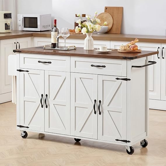 53.5'' Farmhouse Kitchen Island Cart with Power Outlet, Storage,Drop Leaf and Spice Rack, Rolling Kitchen Cart On Wheels for Home, Kitchen and Dining Room (White-06)