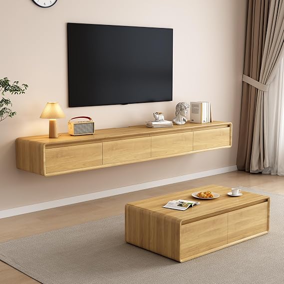 Floating TV Unit - Wall Mounted Media Console with 2 Flip-Down Doors & 2 Drawers Entertainment Center TV Cabinet, Video Shelf for Home Room (Wood, 160CM)