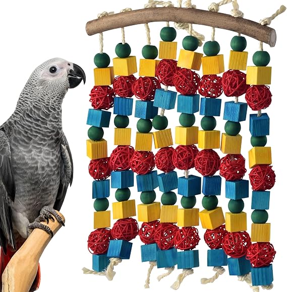 DBNESS Large Parrot Toys, 17.7 inch Multicolored Natural Wooden Blocks Beads Rattan Balls, Bird Chew and Hanging Tearing Toys for Large Medium Birds Macaws African Grey Cockatoos Amazon Parrots