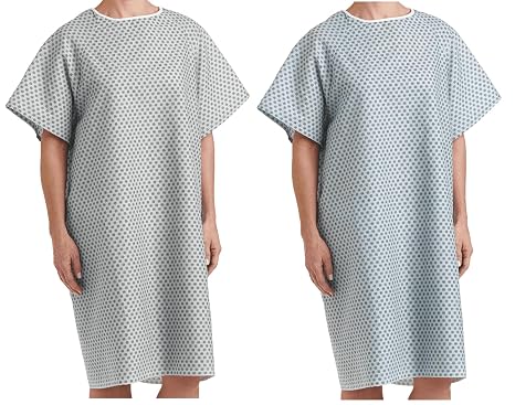 Hospital Patient Gowns, Petite Fit, 40 in, Back Ties, Blue/White, 2 Pack