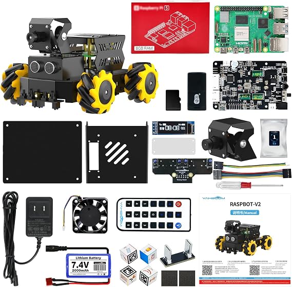 Yahboom Raspberry Pi 5 AI Vision ROS2 Robot, 360° Mobile Electronic Robot Kit for Recognition, Tracking, Line Following, Suitable for School Development Projects, Python Programming With RPi 5-8GB