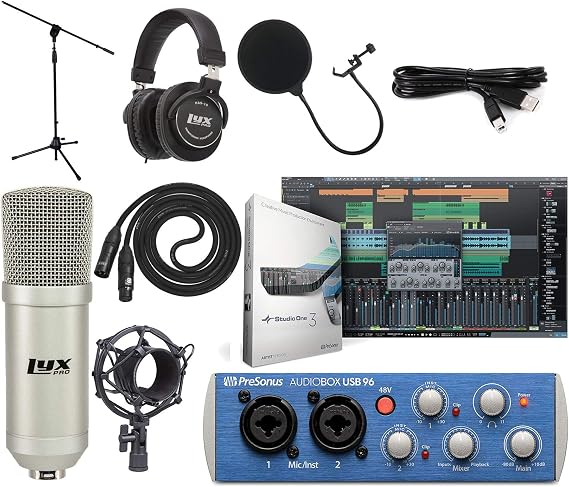 PreSonus AudioBox 96 USB 22 Interface Recording Bundle with LyxPro Cardioid Condenser Mic, HAS10 Headphones, Pop Filter, Shockmount, Stand, XLR Cable & Studio One Artist Software Kit