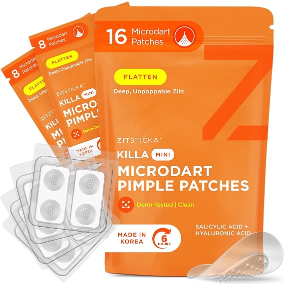 ZitSticka Killa Mini Microdart Pimple Patch For Face, Fast-Acting, 16 Count | Zit Patches with Salicylic Acid, Overnight use, 6-8h result, With Cleaning Swab, Individually-sealed Pouches, All skin types