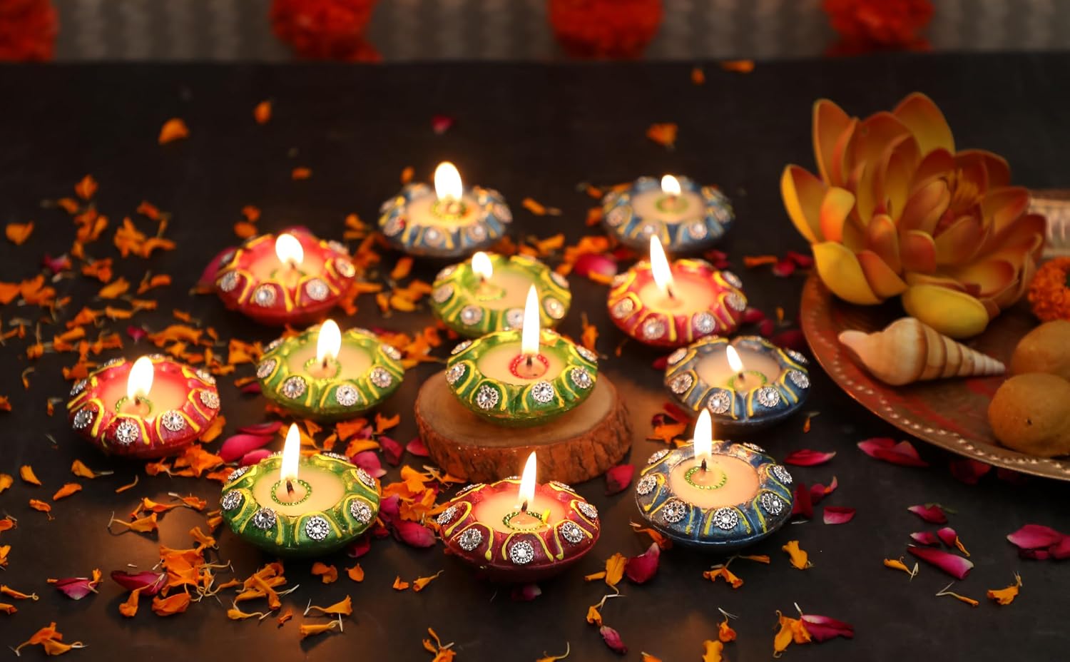12 Pc Set MULTICOLOR DECORATED CLAY KATORI BOWL WAX FILLED DIYA | DIWALI Pooja HANDMADE Dia | Terracotta Earthen HANDPAINTED Diya | VILAKKU OIL LAMP | NATURAL MITTI DIA | INDIAN GIFT ITEM