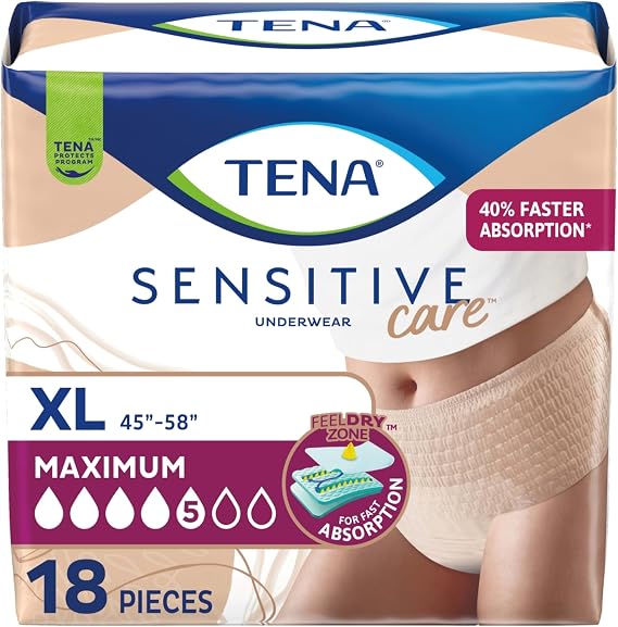 Tena Sensitive Care Maximum Underwear for Women, 45-58in, XL,18 Ct