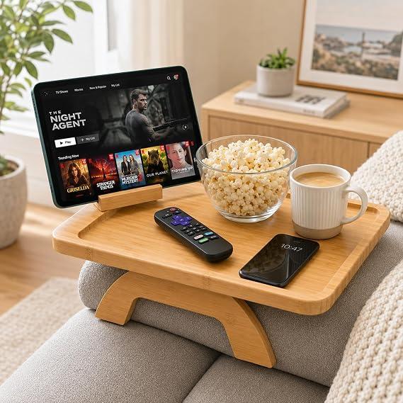 Couch Arm Tray, Clip On Sofa Armrest Table with Foldable Design