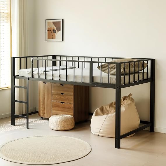 Loft Bed, Pipe Bed, Single, Bed Frame, Ladder, Low Type, Steel, Compact, Left and Right Interchangeable, Load Capacity 330.7 lbs 150 kg, Height 43.3 inches 110 cm, Space Saving, Shock Resistant