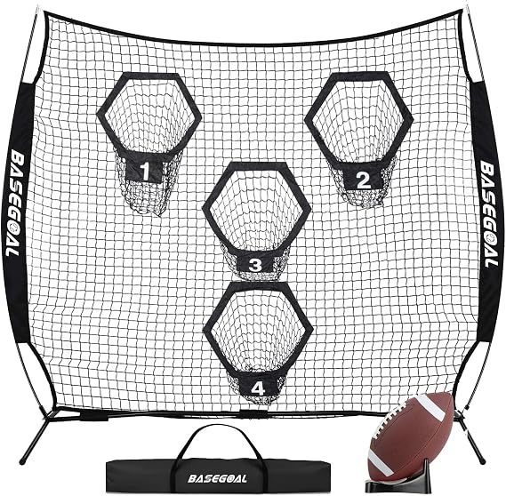 BaseGoal 8x8ft Quarterback Football Throwing Net with 4 Target Pockets