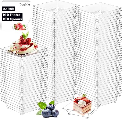 100 Pack Mini Dessert Plates with Spoons, 1 oz Clear Plastic Reusable Plates for Desserts, Sauces, Fruit, Appetizers, Cake Tastings 2.4