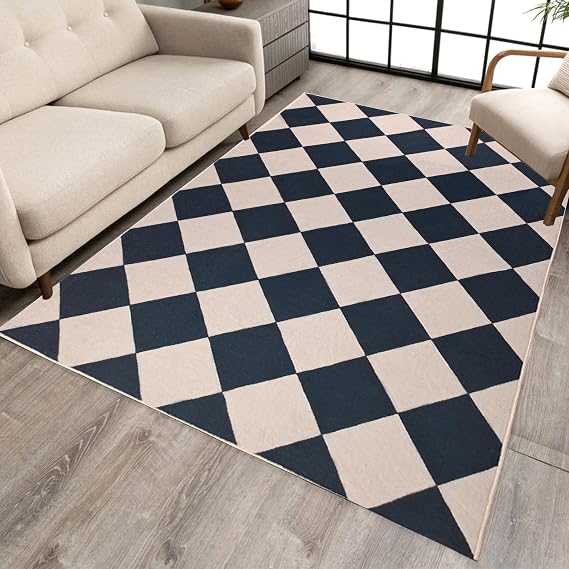 Checkered Area Rug 5x7 Black Washable Living Rugs Non-Slip Modern Ultra Soft Neutral Low Pile Diamond Carpet for Office Dining Room Playroom Kids Room
