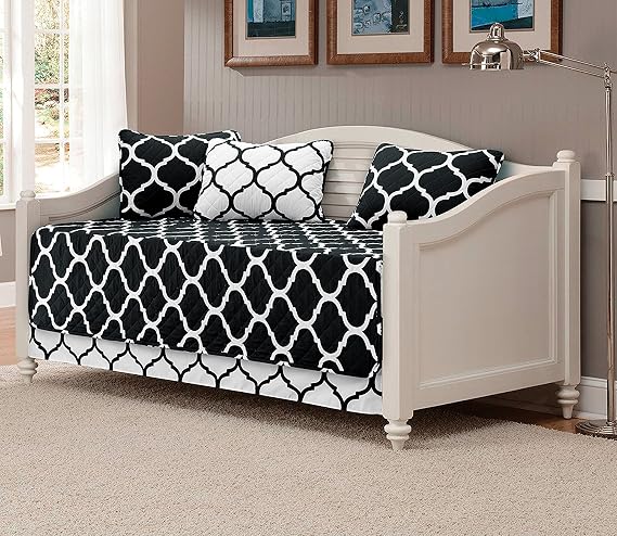 Linen Plus 5pc Daybed Cover Set Quilted Bedspread New (Black/White)