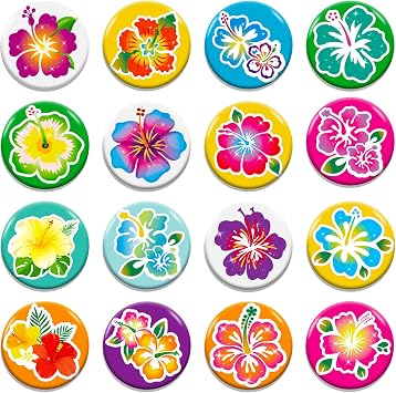 HOWAF 32pcs Hibiscus Pin Button Bulk Hawaiian Flower Pinback Buttons for Summer Beach Party Bags Decorations, Aloha Party Decoration Badge Hibiscus Flowers Pin for Clothes/Backpack/Hats/Jeans and More