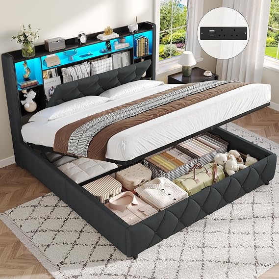 Brinlawb King Size Ottoman Bed Frame with Charging Station & LED Lights King Size Bed Frame with Hydraulic Lift Mechanism, Upholstered Storage Headboard, Lift-Up Underbed Storage, Easy Operation, Grey