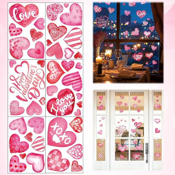 6 Sheets Valentines Day Windows Clings PVC Stickers for Home Decor, Happy Valentines Day Pink Hearts Wedding Romantic Decals Decor for Glass Windows Party Anniversary Ornaments Supplies