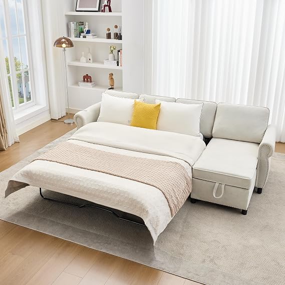 106.5" Pull Out Sofa Bed,L Shaped Modular 4 Seater Couch,2-in-1 Sleeper Sofa,Wireless Charging, USB Charging Ports,Memory Foam Mattress,Storage Space